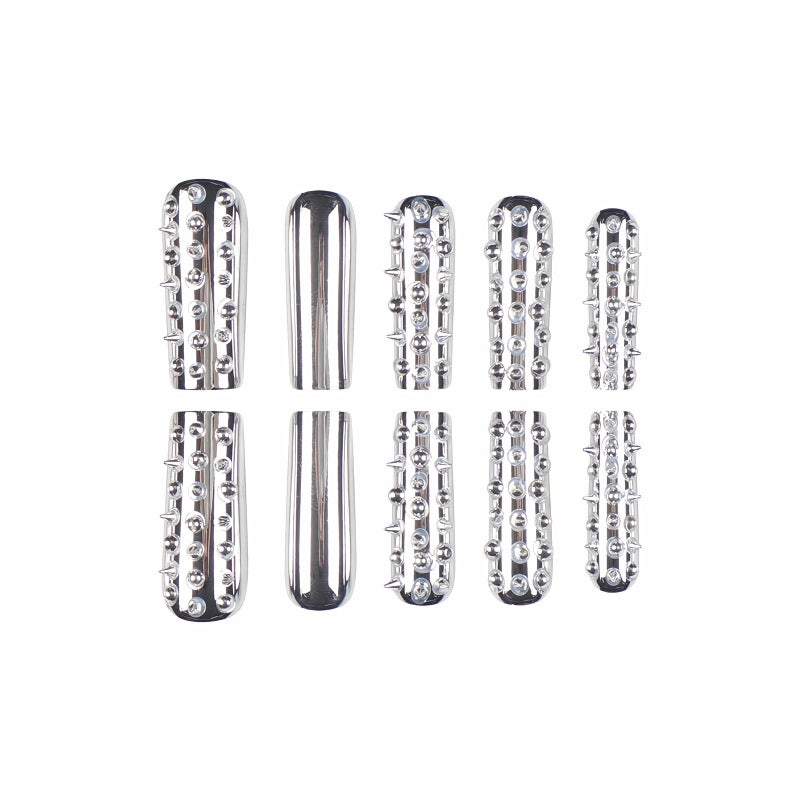 MISUD Press on Nails - Long Square Fake Nails with Silver Chrome, Acrylic Y2K Metallic Rivet Design 24 pcs - Image 3
